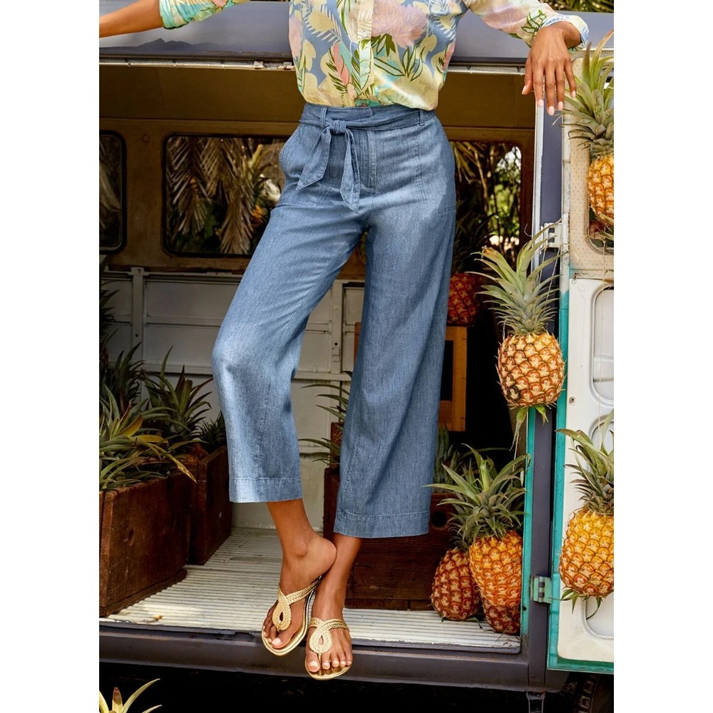 Talbots Linen Blend Chambray Tie-Waist Wide-Leg Cropped Pants Blue 2P 2 Petite